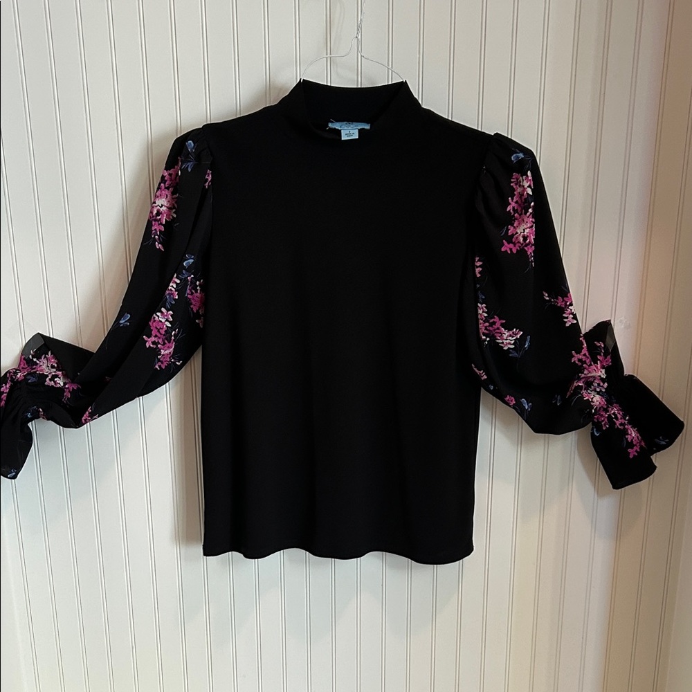 Elegant Black Top with Floral Sleeves
